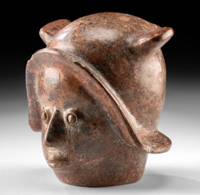 Colima Redware Head Vessel with Horned Headdress