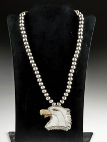 20th C. Zuni Silver Necklace Eagle Pendant, E. Martinez