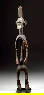Stylized Wood & Cane Nigerian Mumuye Ancestor Figure: West Africa, Nigeria, Mumuye culture, ca. early-20th century CE. A striking and highly stylized wooden figure attributed to the Mumuye people of northeastern Nigeria. Characterized by an elongated lin