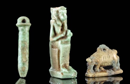 3 Egyptian Faience Amulets, Isis, Pig, & Wadj Papyrus