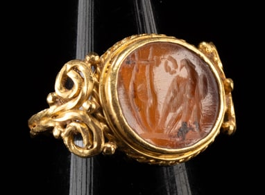 Roman Citrine Intaglio w/ Eagle in Gold Ring