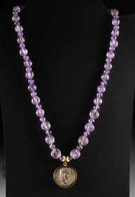 Roman Silver Coin & Amethyst Bead & 14K Gold Necklace