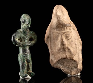 Luristan Bronze Figural Pendant & Parthian Pottery Head