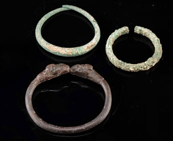 Set of 3 Ancient Bronze Bracelets w/ Ram-Headed Motif