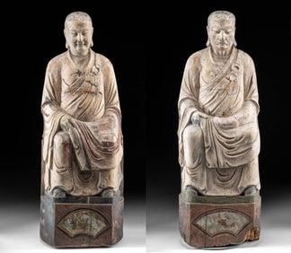 Rare Matched Pair of Ming Dynasty Wood Lohan Figures