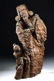 Large Chinese Qing Burl Wood Panel Scholar & Boy
