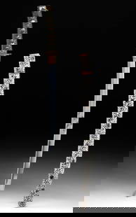 Wakizashi Sword in Koshirae, Mosaic Shell Saya Sheath: East Asia, Japan, early to mid-20th century CE. A wakizashi in koshirae featuring a curved steel blade with a visible hamon and a signed tang drilled with three mekugi-ana. The blade is housed in a vi