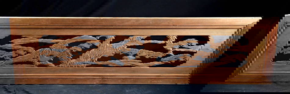 19th C. Japanese Cedar Wood Transom Ranma of Eagle: East Asia, Japan, Meiji Period, ca. 19th to early 20th century CE. A finely carved architectural transom, or ranma, crafted from multiple joined pieces of cedar wood using traditional Japanese carpent