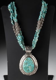 Heavy Turquoise & Sterling Silver Necklace + Pendant