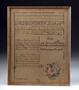 Framed 1822 American Family Record Needlepoint Sampler: North America, United States, Maine, Biddeford, ca. 1822 CE. A cotton or linen and silk needlework embroidery sampler with several styles of the alphabet and numbers at the top and the maker's name, M