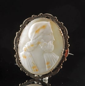 19th C. Shell Cameo Brooch - Jupiter in Pale Gold Mount