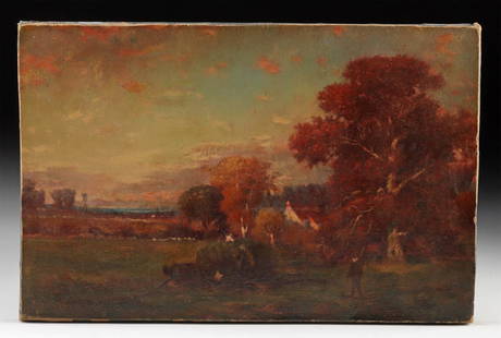 19th C. American Painting - Harvest Scene w/ Tipis: American, 19th century. Oil on canvas. Signature at lower left (difficult to decipher). A charming 19th century painting depicting a harvest scene with a composition and color palette that suggests th