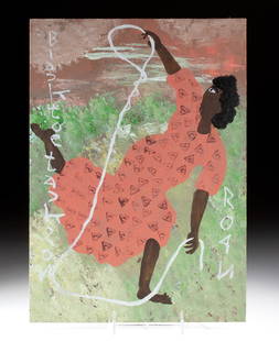 Black Joe Jackson Painting - "Ropn": Black Joe Jackson (American, 1922-1997). "Ropn" house paint on plywood, n.d. Signed down left margin and titled down right. A woman in a red patterned dress reaches skyward, her arm arched in command