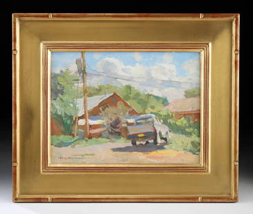 Kevin Macpherson Painting - "Lazy Afternoon": Kevin Macpherson (American, b. 1956). "Lazy Afternoon" oil on board, n.d. Signed at lower left and titled on verso. Bathed in late light and brushed with ease, "Lazy Afternoon" captures a quiet corner