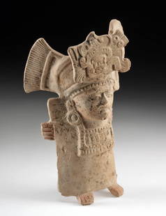 Veracruz Remojadas Style Figural Shaman Whistle: Pre-Columbian, Gulf Coast of Mexico, Veracruz culture, Remojadas style, ca. 7th to 9th century CE. A mold-made pottery figural whistle depicting a standing priest or elite figure adorned in elaborate