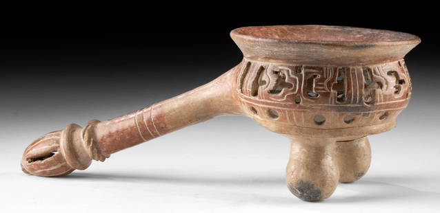 Mixtec / Aztec Rattle-Ladle Censer with Pierced Bowl: Pre-Columbian, Mexico, Mixtec / Aztec culture, ca. 1200 to 1521 CE. A distinctive pottery censer in the form of a ladle, combining visual symbolism with sound-producing function for ritual use. The bo