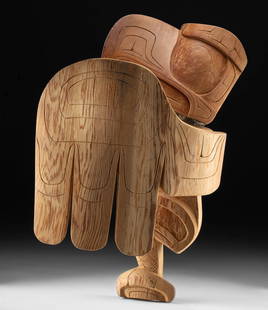 Pacific Northwest Coast Thunderbird Cedar Sculpture: Native American / First Nations, Pacific Northwest United States or Canada, ca. 20th to 21st century CE. A bold carving of a Thunderbird, rendered in Western red cedar with striking formline design. T