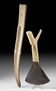 Traditional Inuit Arctic Tools - Snow Knife + Ulu-Style Scraper: Native American, Northwestern United States or Alaska, Inuit cultures, ca. 19th to mid-20th century CE. A pair of traditional Arctic tools: a long antler snow knife and a cutting or scraping tool feat