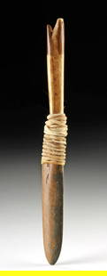 Inuit Alaska Soapstone Knife w/ Walrus Ivory Handle: Native American, Northwestern United States, Alaska, Inuit / Yupik, ca. early to mid 20th century CE. An Inuit-style knife composed of a thick, polished soapstone (steatite) blade bound to a carved wa