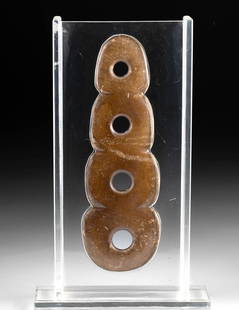 Ancient Chinese Stone Quadruple Bi Disc Pendant: China, Neolithic to Early Western Zhou Period, ca. 2500?1000 BCE. A rare and visually compelling quadruple bi disc pendant, expertly carved from a single piece of semi-translucent brown hard stone (me
