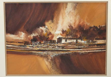 John L. Mendoza Painting - Homestead (1979): John L. Mendoza (American, b. 1938). Homestead. Oil and watercolor on paper, 1979. Signed and dated at lower right. Molten earth and fire-swept skies converge in this dramatic 1979 composition by John
