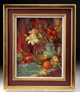 John Encinias Painting - Still Life: John Encinias (American, b. 1949). Still Life with Lilies and Buddha. Oil on canvas board, n.d. Signed at lower left. A radiant hush fills this intimate still life by John Encinias, where the warmth o
