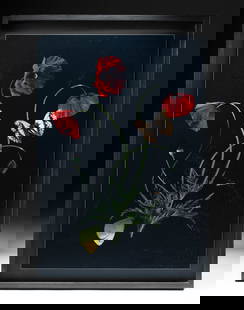 Bas Meeuws Print  - "Mughal Botanical #03" (2015): Bas Meeuws (Dutch, b. 1974). "Mughal Botanical (#03)" digital c-type print on dibond behind acrylic, 2015. A crimson bloom leans toward shadow while a butterfly balances delicately mid-gesture - wings