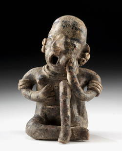 Nayarit Pottery Female Mourner - Ritual Scarification: Pre-Columbian, West Mexico, Nayarit, Ixtlan del Rio type, ca. 300 BCE to 300 CE. A powerful depiction of ritual grief, this Nayarit terracotta female figure sits with one knee raised and the other tuc