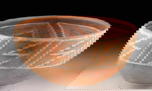 Prehistoric Homolovi Polychrome Pottery Bowl: Native American, Southwestern United States, Arizona, Anasazi (Ancestral Puebloan), Homolovi type, ca. 1200 to 1300 CE. A hemispherical pottery bowl of broad form with a round but stable base and a th