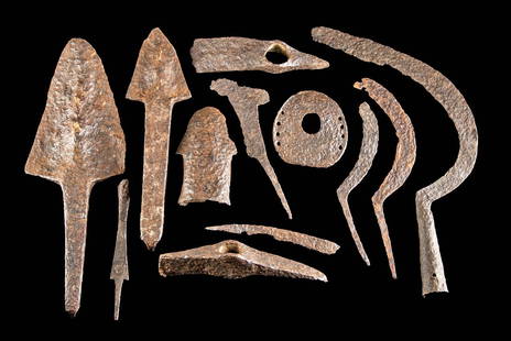 Lot of 12 Viking Iron Farming Tools: Northern Europe, Scandinavia, Viking or Norse culture, ca. 8th to 11th century CE. A wonderful ensemble of 12 forged-iron utilitarian farming tools of varying sizes, shapes, and functions. First are 3