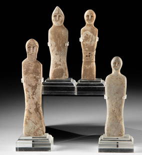 Rare Chalcolithic Lake Van Figural Stone Stamp Seals: Near East, Eastern Anatolia, Eastern Turkey / Eastern Iran, Lake Van region, Chalcolithic to Early Bronze Age, ca. 4000 to 3000 BCE. A remarkable group of four carved dickite stone stamp seals, each r