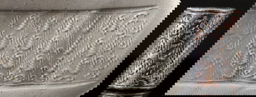 Sassanian Black Stone Cylinder Seal - Animal Rows: Ancient Near East, Sassanian Empire, ca. 3rd to 7th century CE. A hypnotic rhythm of line and form spirals around this Sassanian black stone cylinder seal, where tightly ordered rows of stylized anima