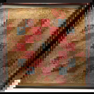 19th C. Chinese Qing Framed Silk Patchwork Embroidery: East Asia, China / Tibet, Qing Dynasty, ca. 19th century CE. A beautiful patchwork textile panel composed of embroidered silk squares, bordered by four large rectangular sections. The silk threads are