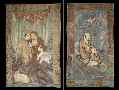 19th C. Japanese Silk Tapestries Bodhidharma & Sennin: East Asia, Japan, Meiji era, ca. 19th century CE. A pair of large textile panels composed of brocaded panels and embroidered silk with metallic-wrapped threads, these tapestries depict Zen Buddhist th