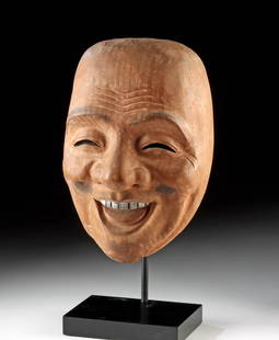Showa-Era Japanese Wood Mask - Smiling Fukujin Deity: Suzuki (Japanese, 20th century). "Fukujin" painted wood mask, June 1984. Signed, titled, and dated on verso. A cheerful Japanese wood mask portraying Fukujin, one of the Seven Gods of Good Fortune, re