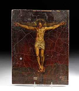 19th C. Spanish Painting on Wood of Crucifixion: Anonymous (probably Spanish school, active IXX century). "Crucifixion" oil on wood, n.d. An emotive painting of the Crucifixion that captures the drama and sorrow of Crucified Christ. Jesus' anatomy i