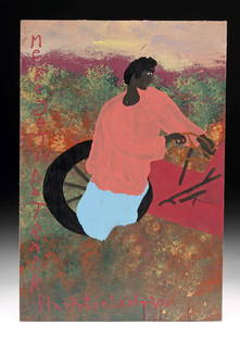 Black Joe Jackson Painting "Me Be Getn Da Tradr": Black Joe Jackson (American, 1922-1997). "Me Be Getn Da Tradr" house paint on plywood, n.d. Signed at lower left and titled down left margin. A striking self-portrait from Atlanta-born outsider artist