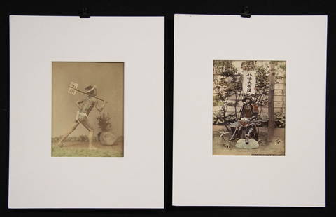 Two 19th C. Hand Colored Albumen Prints - Japanese Men: Felice Beato (Italian-British, 1832-1909). "A Warrior Fully Armoured" albumen silver print with applied color, ca. 1860s. Titled at lower right; Raimund von Stillfried (Austrian, 1839-1911). "Post Run