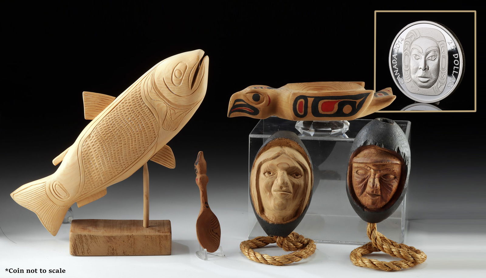 Haida Carved Cedar Salmon & Bowl by Carol Young Bagshaw: Carol Young Bagshaw (First Nations Canadian, Haida, 1953–2019), ca. 2007 to 2009 CE. A group of hand-carved cedar works by Haida artist Carol Young Bagshaw, a member of the Tsiij git'anee Clan of th