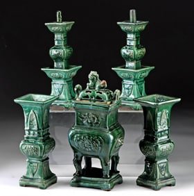 19th C. Chinese Altar Suite - Gu Vases, Candlesticks, Lion-Form Finial