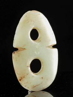 Small Chinese Nephrite Jade Double Bi Disc: East Asia, China, Hongshan to Longshan culture, Neolithic Period, ca. 4700 to 1900 BCE A stunning nephrite white jade double "bi" disc, characteristically round with a drilled central hole. In Ancient