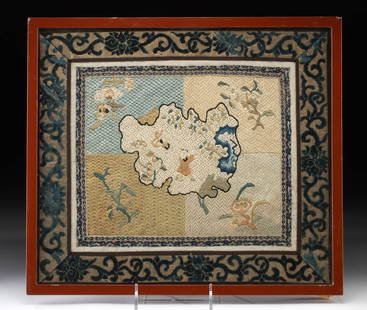 Framed Chinese Republic Era Embroidered Silk Panel: East Asia, China, Republic era, ca. early to mid-20th century CE. A silk embroidered textile panel mounted under glass in a wood frame. The central composition features a vignette of a boy in a natura