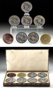 Chinese Cloisonne Dish Process Demonstration Set of 8: East Asia, China, ca. mid-20th century CE. A beautifully presented demonstration set of 8 cloisonne enamel dishes, illustrating the traditional step-by-step process of cloisonne decoration. The set be