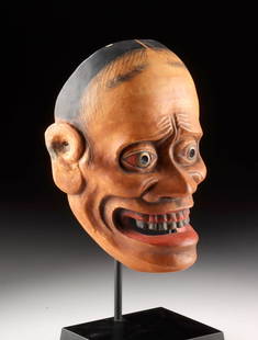 Japanese Shinto Kagura Noh Mask - Grotesque Visage!: East Asia, Japan, Taisho to early Showa period, ca. early to mid-20th century CE. A striking papier-mache Noh mask depicting a wide-eyed, expressive male character, likely crafted for use in or inspir