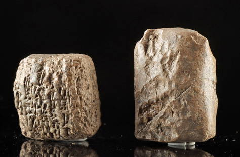 Two Mesopotamia Babylonian Cuneiform Clay Tablets: Ancient Near East, Mesopotamia, Sumer / Babylon, Old Babylonian Period, ca. 2000 to 1600 BCE. A pair of ancient Mesopotamian cuneiform tablets, each inscribed with early wedge-shaped script - the worl