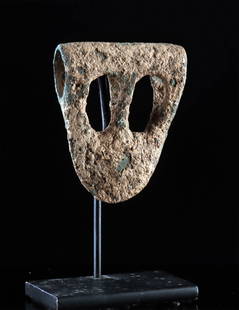 Canaanite Bronze Age Duckbill Axe Head: Ancient Near East, the Levant, Canaan, Middle Bronze Age, ca. 1950 to 1539 BCE. A cast-bronze axe head formed via the lost wax (cire perdue) process, with a distinct crescent-shaped "duckbill" form. W