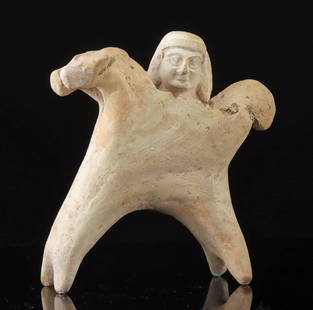 Phoenician Astarte Emerging From a Multi-Headed Horse: Ancient Near East, Syro-Hittite, Iron Age, ca. 1200 to 800 BCE. A spirited and symbolic terracotta sculpture of the goddess Astarte mounted atop a double-headed horse, an arresting image of divine pre