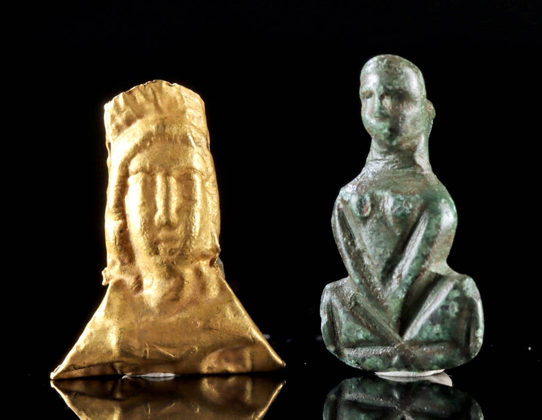 Byzantine Gold Figural Bead & Bronze Woman Charm