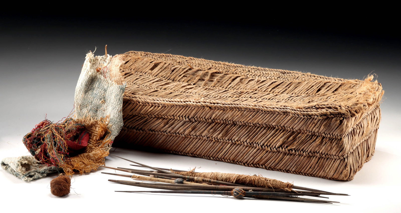 Chancay Weaving Basket + Spindles, Whorls, & Fiber (1 of 3)