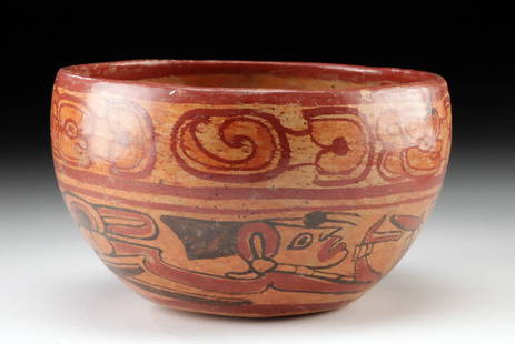 Maya Copador Polychrome Bowl - Swimmers and Glyph Band: Pre-Columbian, Guatemala and southern Mexico, Maya, Late Classic Period, ca. 700 to 900 CE. A vivid celebration of movement and symbolism, this painted ceramic bowl hails from the Copador tradition of